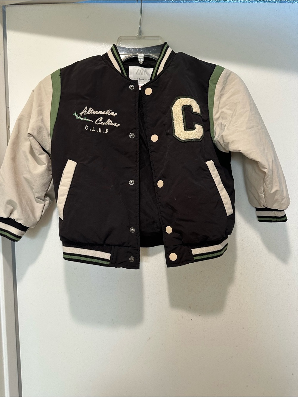 Zara Black, Cream & Green Kids Varsity Bomber Jacket with 'C' Patch Toddler 3-4Y